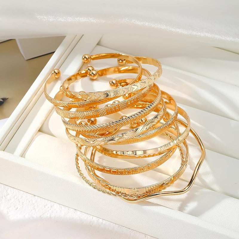 17IF Gold Bangle Bracelet For Women, 14k Multilayer Charm Textured Stackable Bracelets Boho Indian Chunky Cuff Fashion Jewelry Gift - Image 4